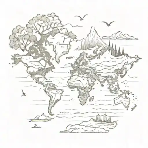 A detailed map of the world with various natural elements like mountains, trees, and oceans tattoo design idea