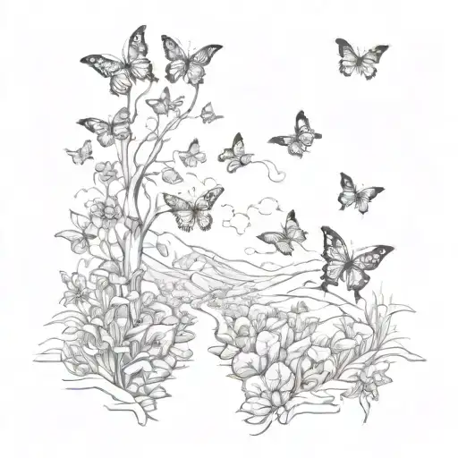 A surreal landscape with a trail of butterflies leading to a hidden destination tattoo design idea