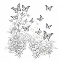 A surreal landscape with a trail of butterflies leading to a hidden destination tattoo design idea