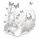 A surreal landscape with a trail of butterflies leading to a hidden destination tattoo design idea