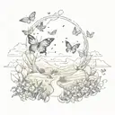 A surreal landscape with a trail of butterflies leading to a hidden destination tattoo design idea