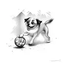 Mischievous dog chasing a frightened cat into a building with a sign that says “Treats Inside” but is peeling back to sh tattoo design idea