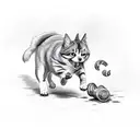 Mischievous dog chasing a frightened cat into a building with a sign that says “Treats Inside” but is peeling back to sh tattoo design idea