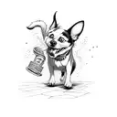 Mischievous dog chasing a frightened cat into a building with a sign that says “Treats Inside” but is peeling back to sh tattoo design idea