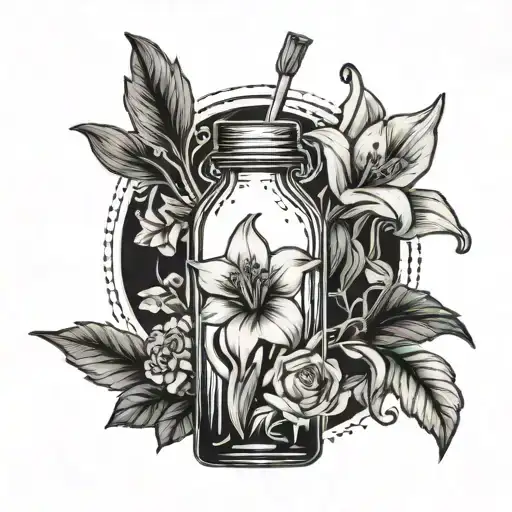 Simple amaryllis flower being held inside of an old milk bottle by a skeleton with the milk label wrapped around it that tattoo design idea