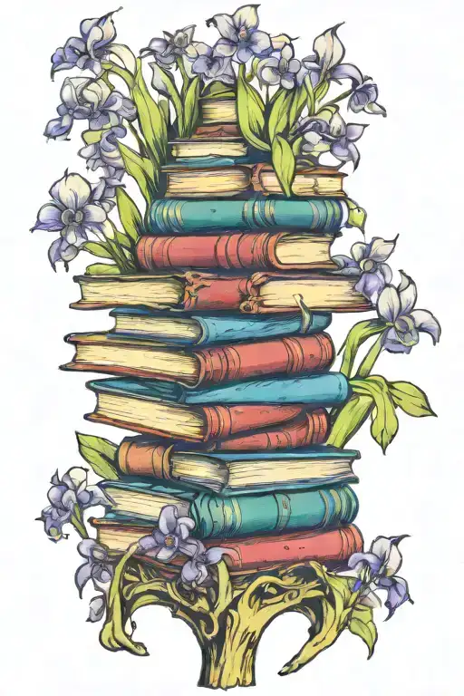 colorful whimsical towering bookstack with irises growing out of the top books tattoo design idea