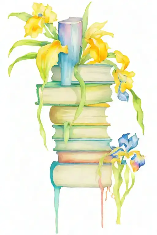 colorful whimsical leaning towering bookstack with irises growing out of the top books tattoo design idea