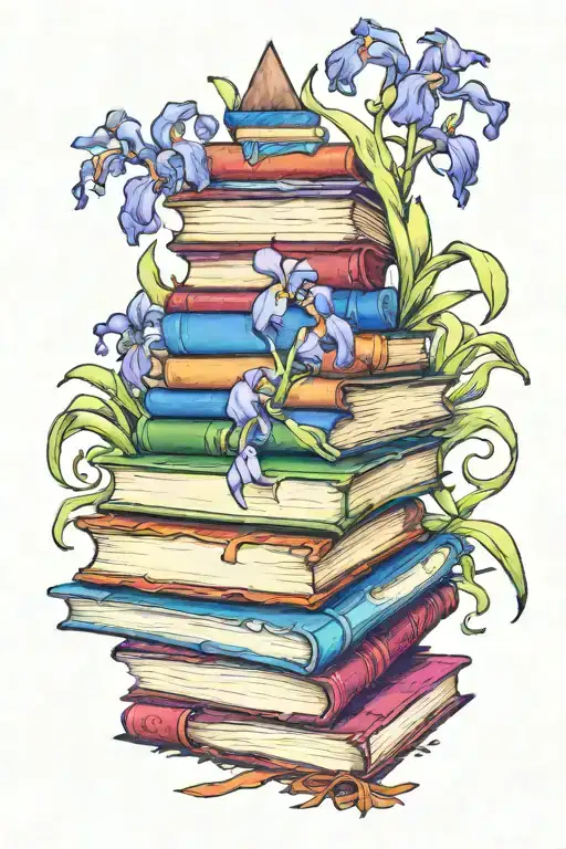 colorful whimsical leaning towering bookstack with irises growing out of the top books tattoo design idea