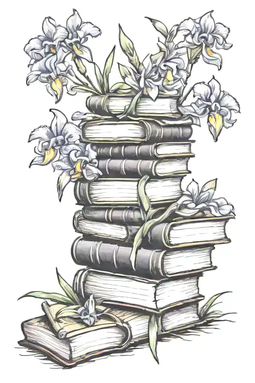 colorful whimsical towering bookstack with irises growing out of the top books tattoo design idea