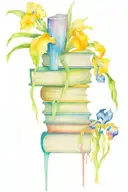 colorful whimsical leaning towering bookstack with irises growing out of the top books tattoo design idea
