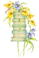 colorful whimsical leaning towering bookstack with irises growing out of the top books tattoo design idea