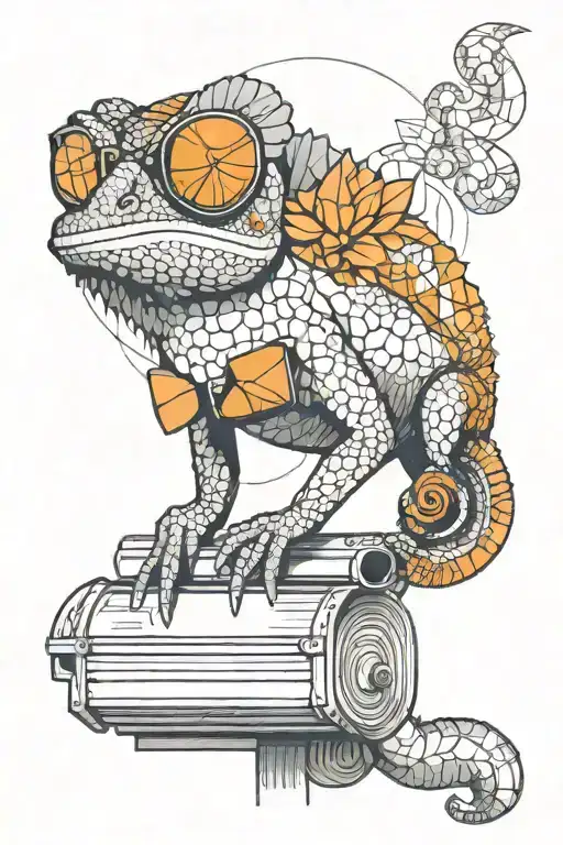 chameleon, with orange round sunglasses, standing on a mailbox tattoo design idea