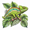 chameleon on a monstera plant tattoo design idea
