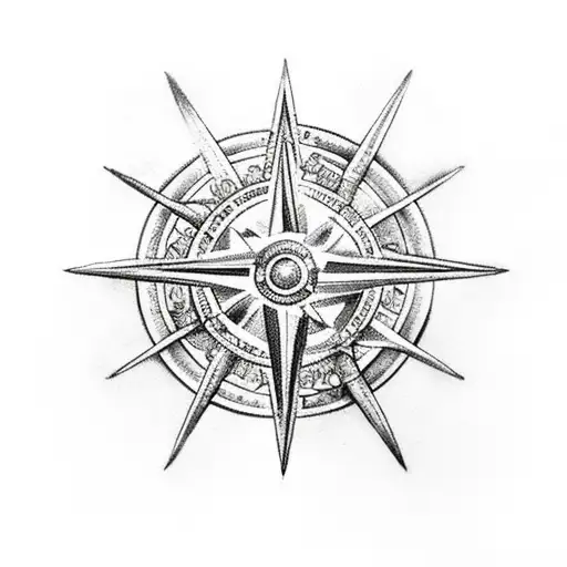 Greek god poseidon with star and North East compass in storm with his sea chariot liking twords left tattoo design idea