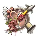rocket flying with musical note spilling wine glass sign on it tattoo design idea
