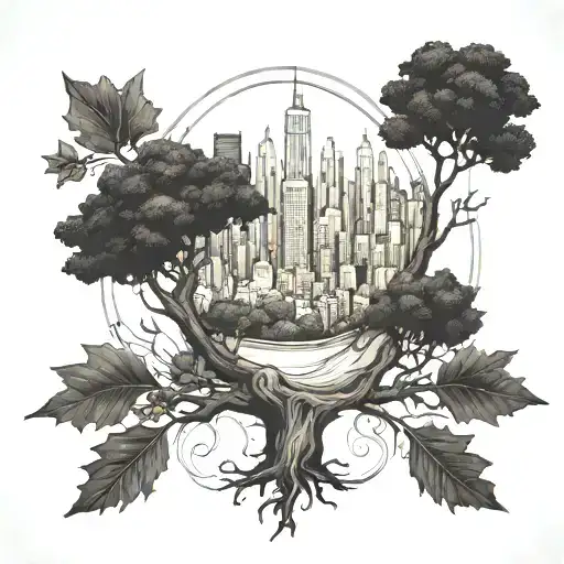 oak tree rising from acorns with the nyc skyline in the background on a grassy hill that will be a full sleeve tattoo design idea