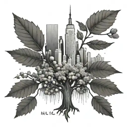 oak tree rising from acorns with the nyc skyline in the background tattoo design idea