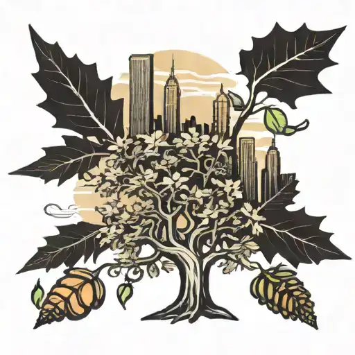 oak tree rising from acorns with the nyc skyline in the background on a grassy hill that will be a full sleeve tattoo design idea