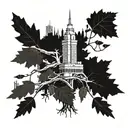oak tree rising from acorns with the nyc skyline in the background tattoo design idea