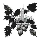 oak tree rising from acorns with the nyc skyline in the background tattoo design idea