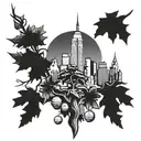 oak tree rising from acorns with the nyc skyline in the background tattoo design idea