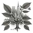 oak tree rising from acorns with the nyc skyline in the background tattoo design idea