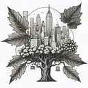 oak tree rising from acorns with the nyc skyline in the background tattoo design idea