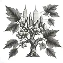 oak tree rising from acorns with the nyc skyline in the background tattoo design idea