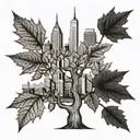 oak tree rising from acorns with the nyc skyline in the background tattoo design idea