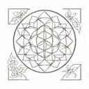 Symmetrical mandala with a Flower of Life, using thin black lines for a balanced, minimalist look. tattoo design idea