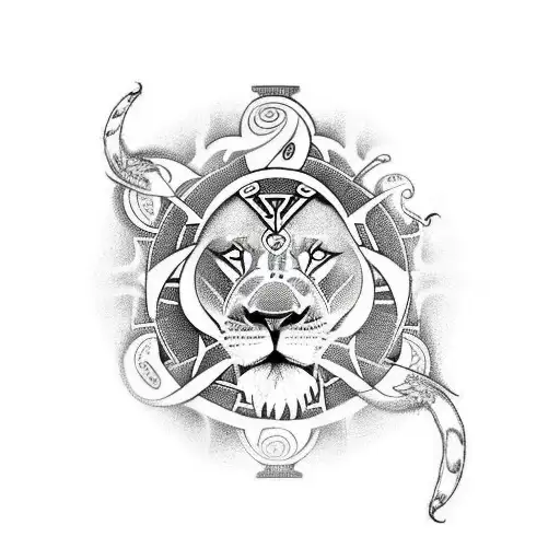 sleeve tattoo in maori style with 4 horoscopes: lion, cancer, gemini and scorpion tattoo design idea