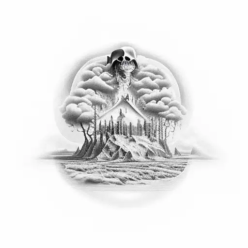 A surreal depiction of a photographer capturing a ghostly apparition in a haunted landscape tattoo design idea