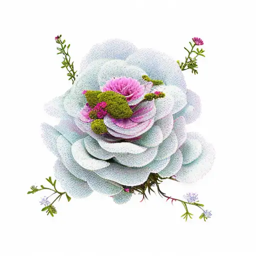 a bouquet of a moss rose, canterberry bell, azalea, yarrow, and prunus mume tattoo design idea