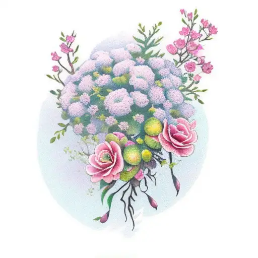 a bouquet of a moss rose, canterberry bell, azalea, yarrow, and prunus mume tattoo design idea