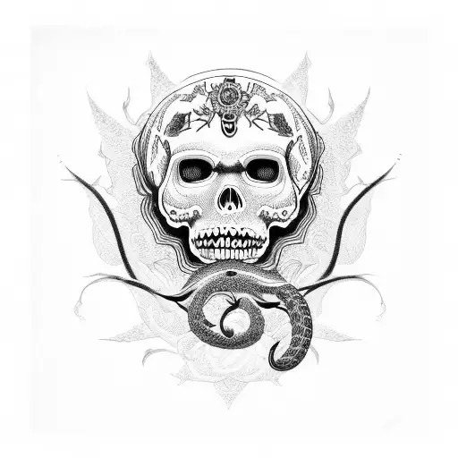 Santa muerte controlando a cerbero, rodeada de ouroboro cobra tattoo design idea