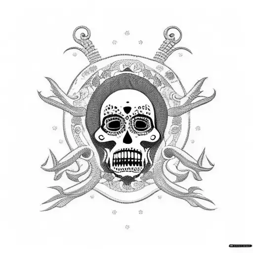 Santa muerte controlando a cerbero, rodeada de ouroboro cobra tattoo design idea