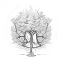 Tree inside an hourglass with the leaves on upper part of hourglass and roots on the lower portion of hourglass sketch tattoo design idea