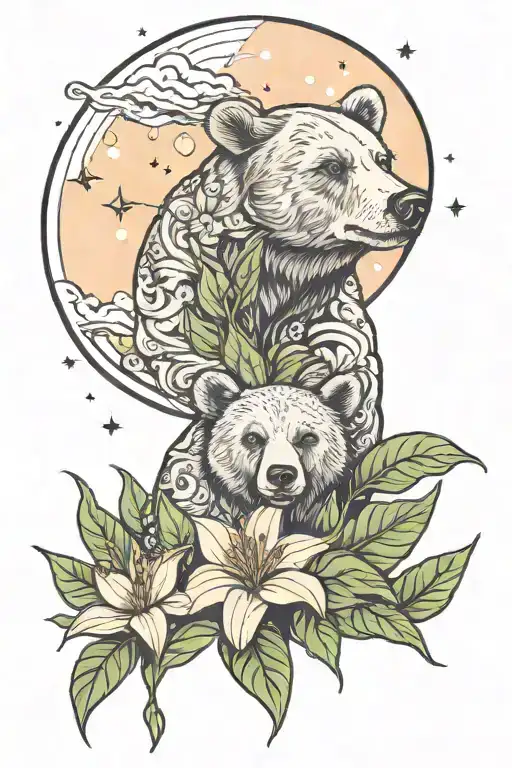 bear peering through Stella lily and peace lily with constellations in the sky behind it tattoo design idea