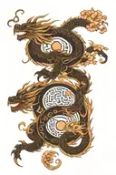 yin and yang dragons, hieroglyphs on a background of sakura tattoo design idea