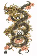 yin and yang dragons, hieroglyphs on a background of sakura tattoo design idea