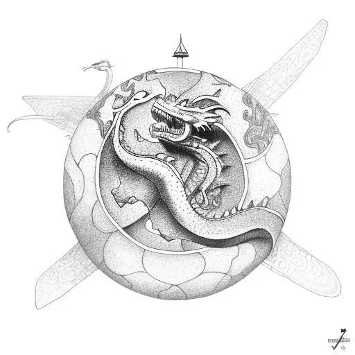 dragon and kolibri around a globe in jing/jang style tattoo design idea