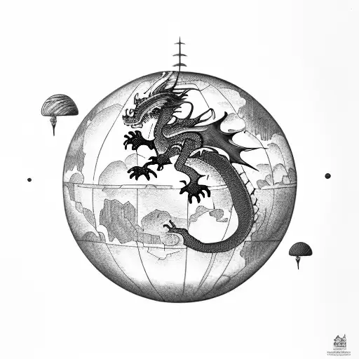 dragon and kolibri around a globe in jing/jang style tattoo design idea