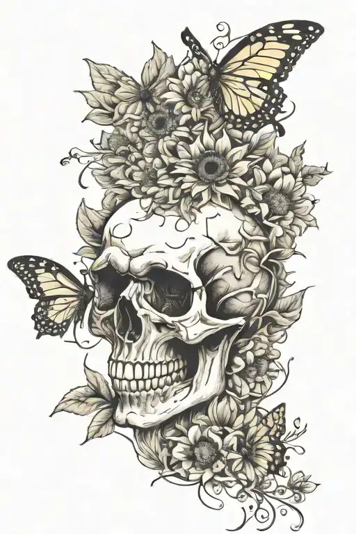 skull surrounded with sunflowers and butterfly's all together tattoo design idea