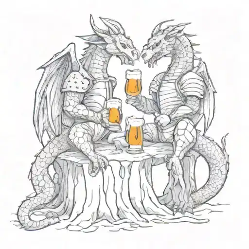 The dragon and the knight drink beer while sitting on tree stumps. funny tattoo design idea