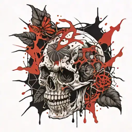 tattoo of a spider biting a skull, while blood comes out tattoo design idea