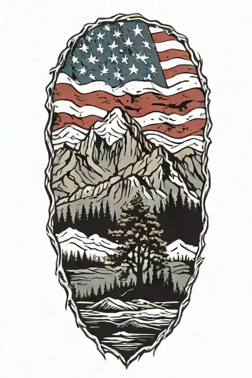 Appalachian mountains with distressed USA flag in background tattoo design idea