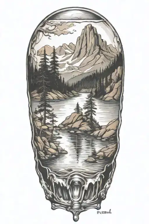east coast mountains with distressed USA flag in background and copper moonshine still running on the creek tattoo design idea