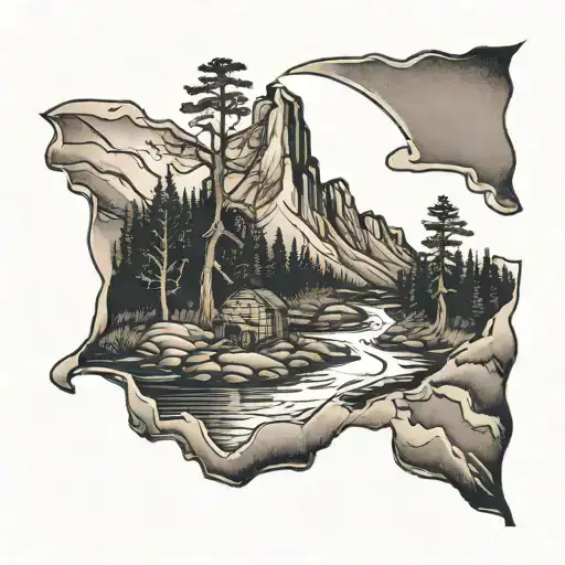 Appalachian mountains with a distressed American flag in the background. Creek with a copper moonshine still tattoo design idea