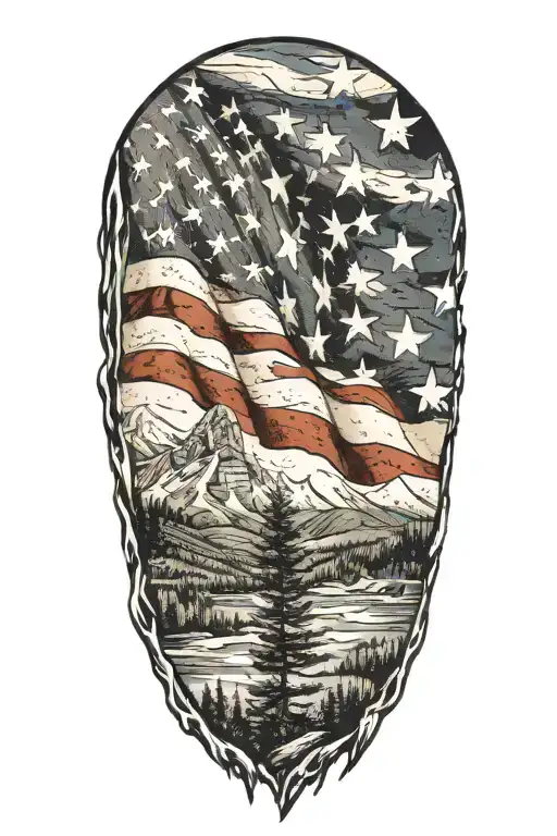 Appalachian mountains with distressed USA flag in background tattoo design idea