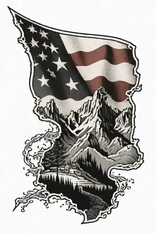 Appalachian mountains with distressed American flag in the background tattoo design idea